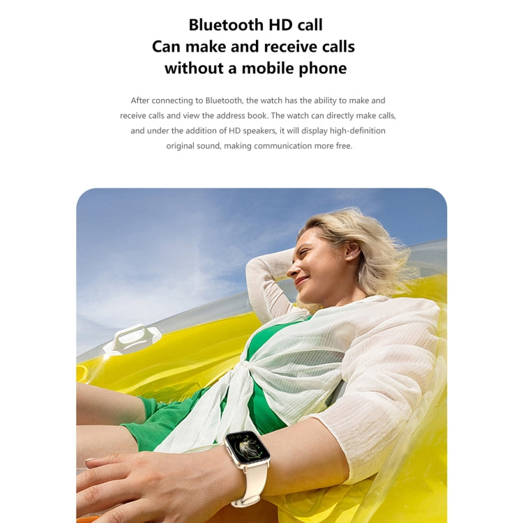 Black smart watch with rectangular screen on wrist, shown outdoors with call feature