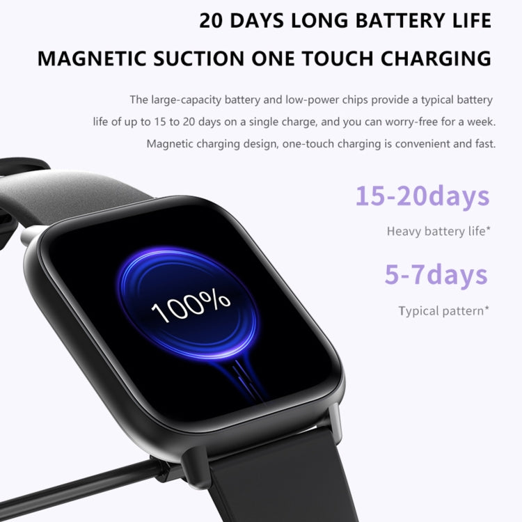 Black smart watch with blue battery charging ring on screen and magnetic charger