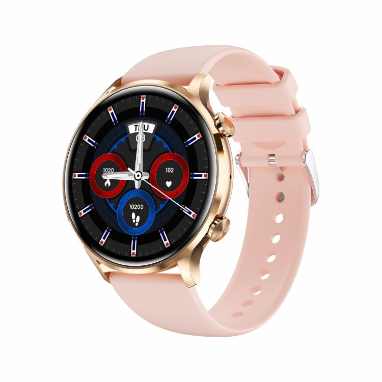 Pink silicone-strap smartwatch with rose-gold bezel and round black dial display