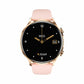 Pink silicone-strap round smartwatch with gold bezel and black dial