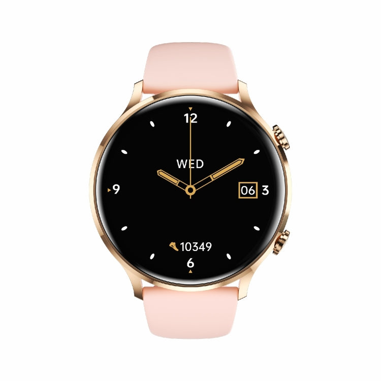 Pink silicone-strap round smartwatch with gold bezel and black dial