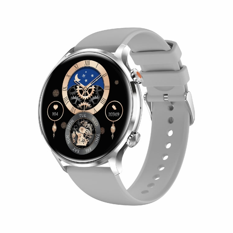 Grey silicone-strap smartwatch with silver bezel and black multi-dial face