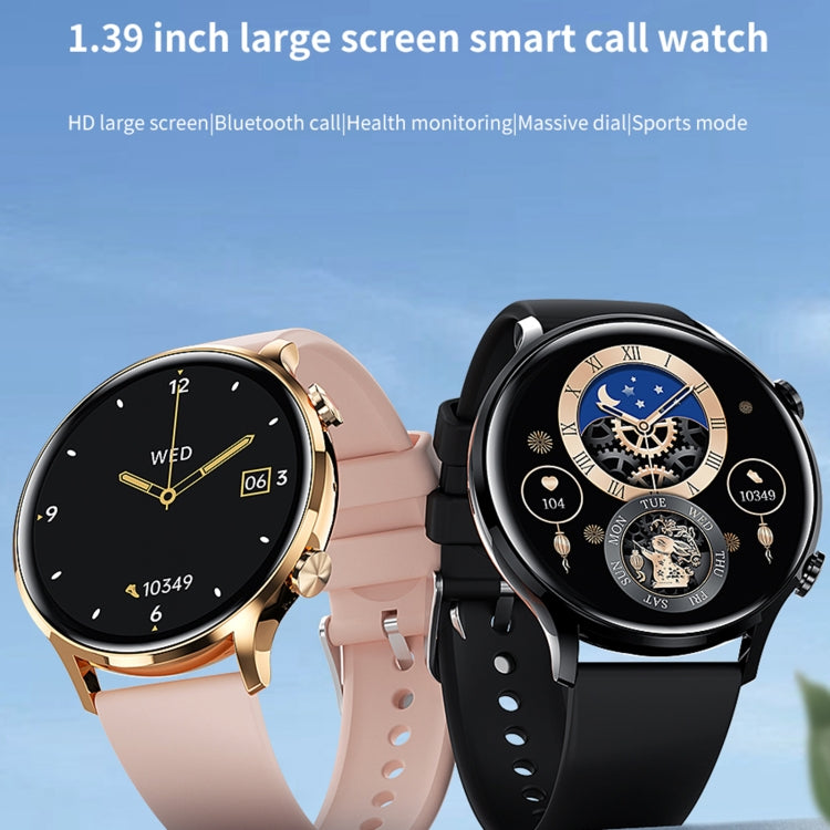 Pair of round smartwatches with pink and black silicone bands