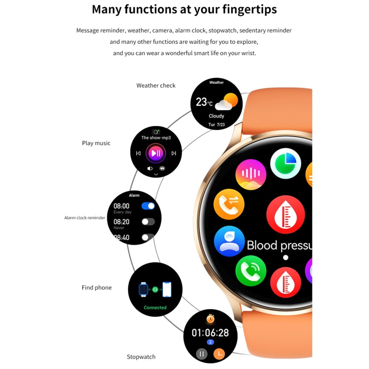 Rose-gold smartwatch with orange silicone band and round black touchscreen display
