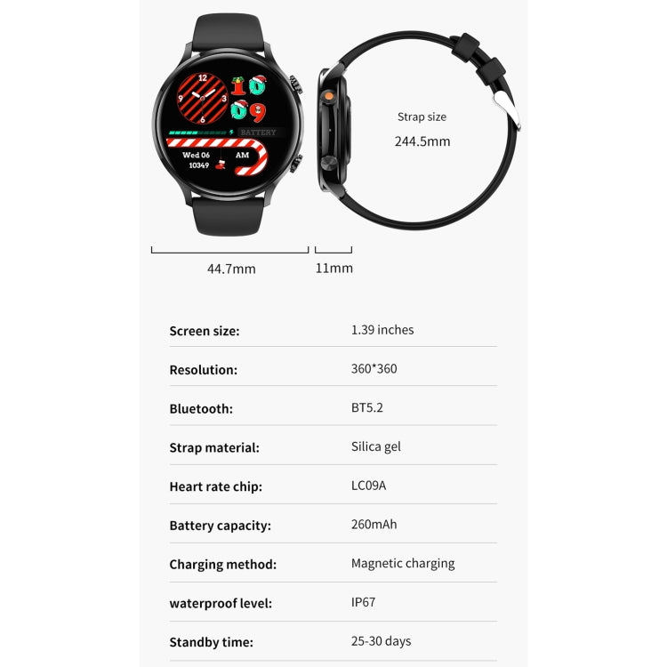 Black smart sport watch with silicone strap and size chart for 1.39-inch screen