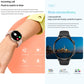 Black smartwatch worn on wrist with round black display screen