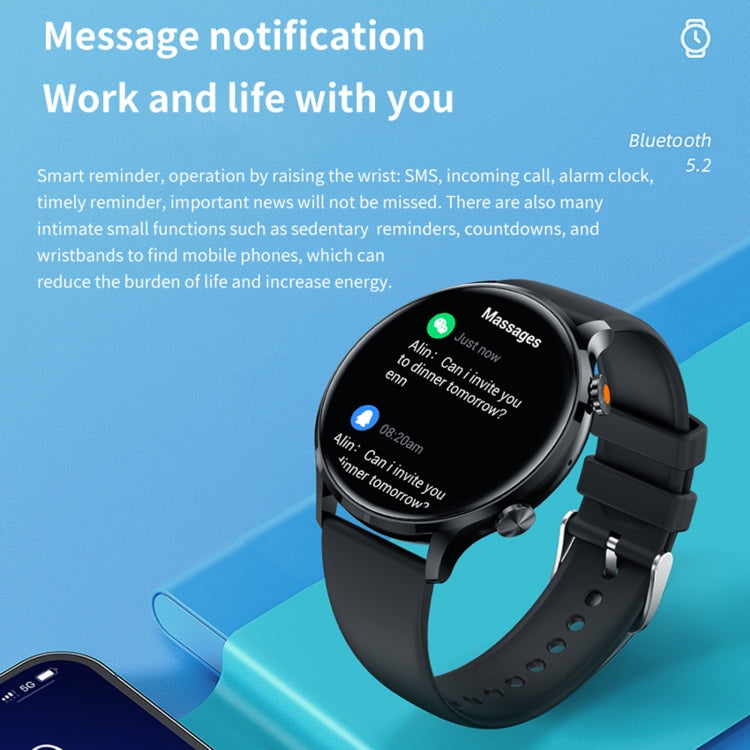 Black smartwatch with round screen and silicone strap