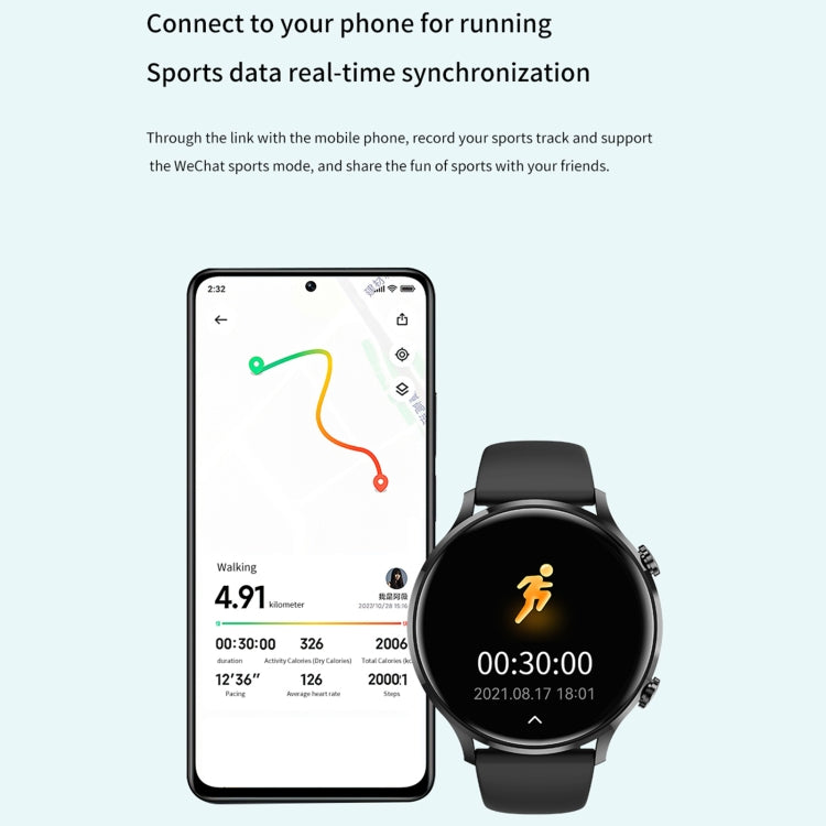 Black silicone smart sport watch with round 1.39-inch display and activity icons
