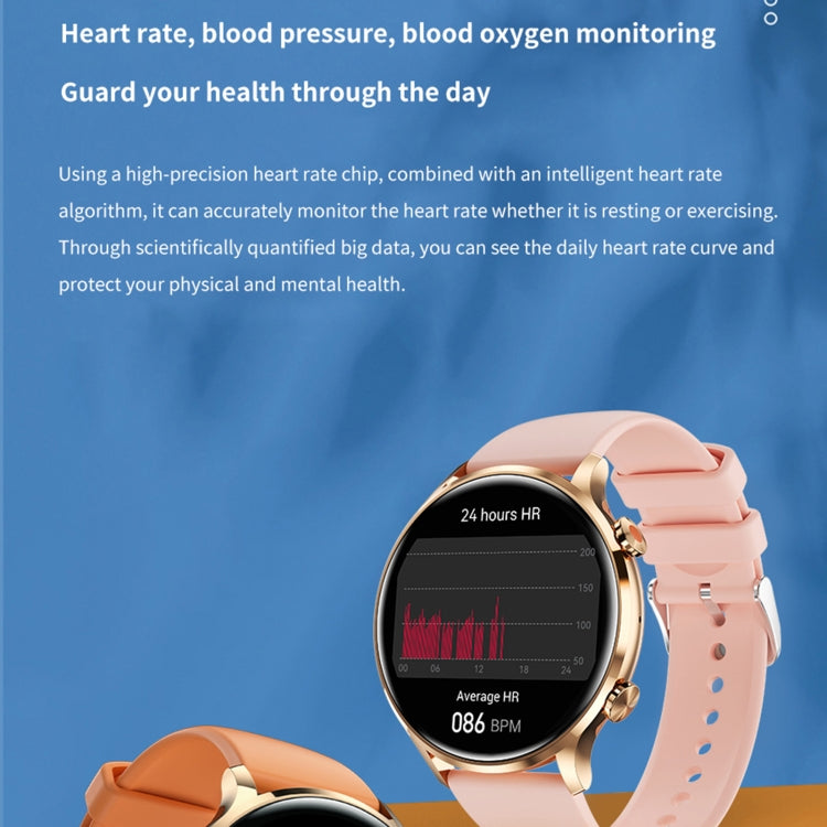 Pink silicone smart sport watch with round display showing heart-rate and health data