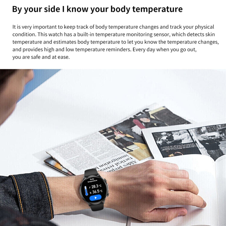 Black smart sport watch worn on a wrist with display showing body temperature