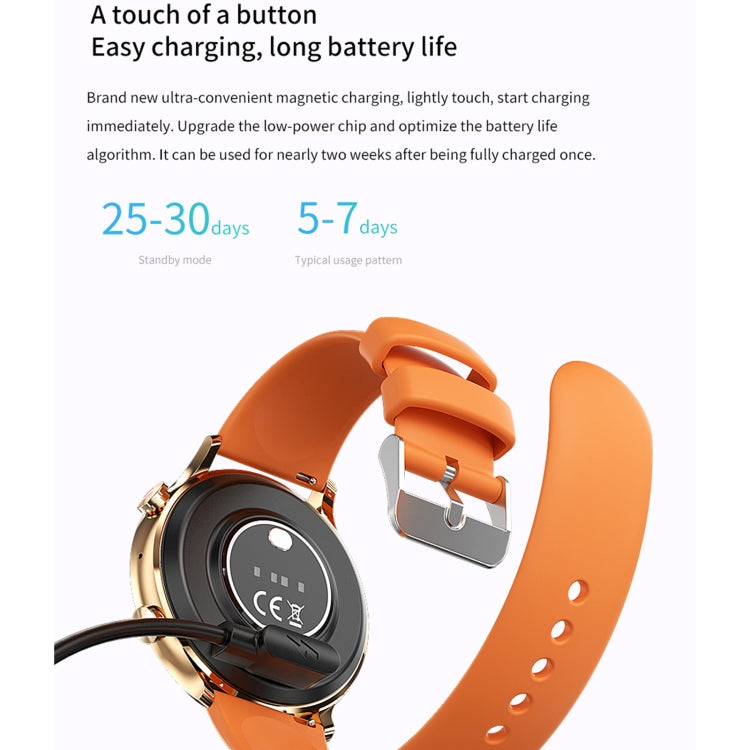 Orange silicone smart sport watch with round face and side magnetic charging connector