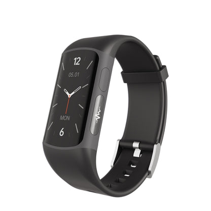 Black smartwatch bracelet with rectangular fitness display and silicone strap
