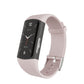 Pink smartwatch bracelet with rectangular fitness display and silicone strap