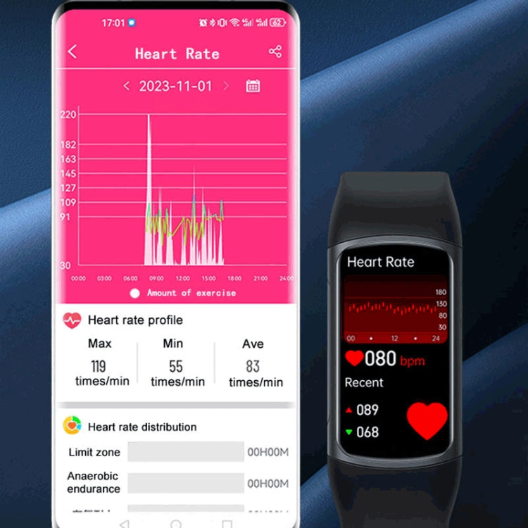 Smartwatch bracelet showing heart rate chart and recent bpm on screen