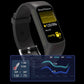 Black smartwatch bracelet displaying blood pressure readings on screen
