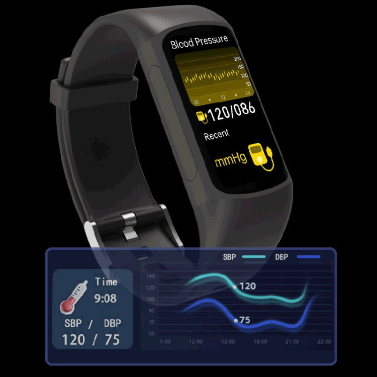 Black smartwatch bracelet displaying blood pressure readings on screen