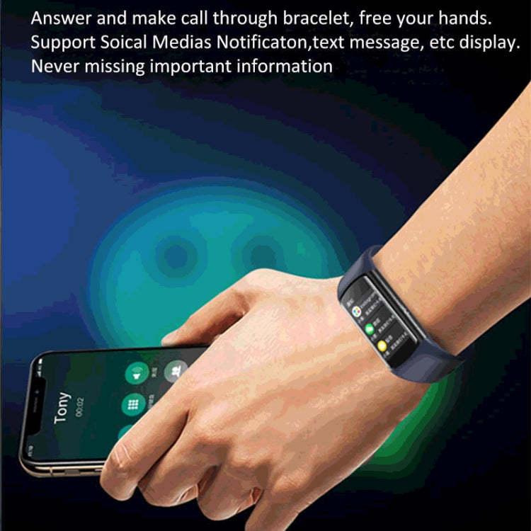 Smartwatch bracelet on wrist with notification icons and messaging screen