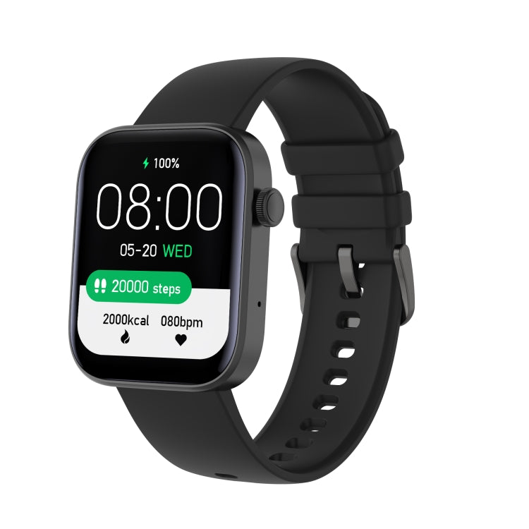 Black square smartwatch with black silicone strap, fitness stats on the display