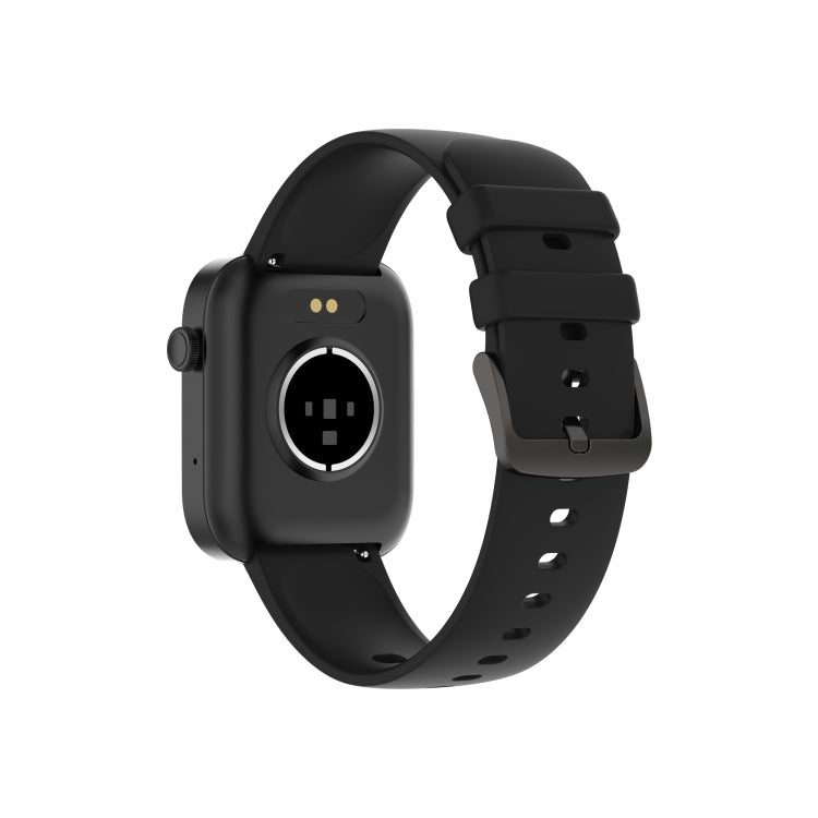 Black smartwatch with black silicone strap, round back sensor window visible