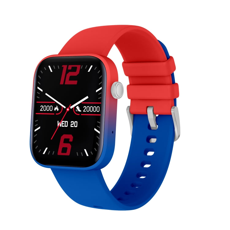 Red and blue smartwatch with silicone straps, square display with red digital time