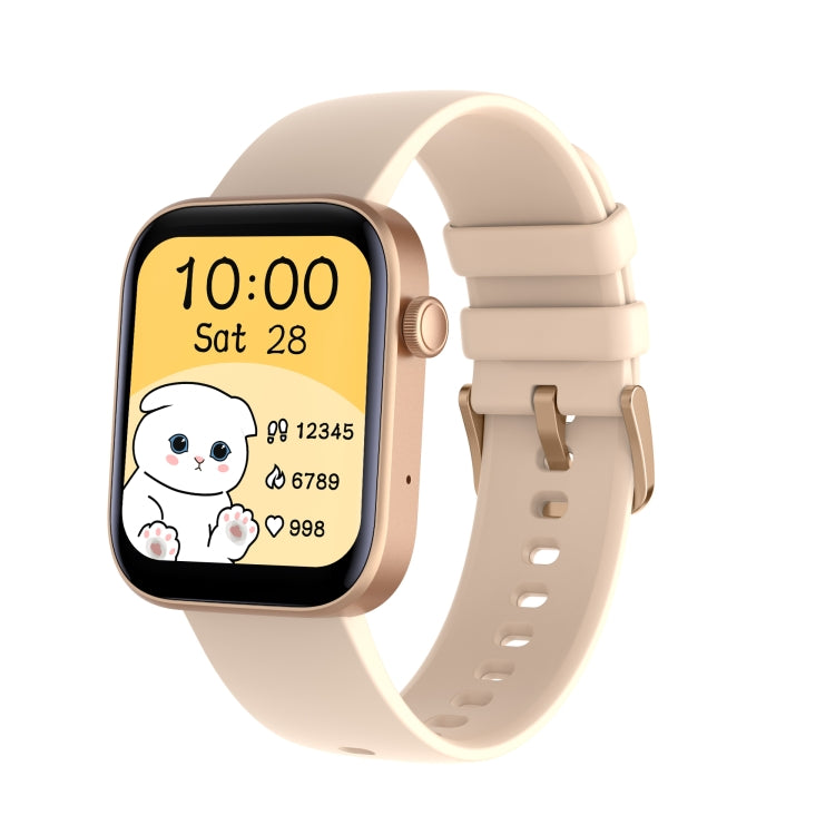 Beige square smartwatch with beige silicone strap, cartoon dog icon on display