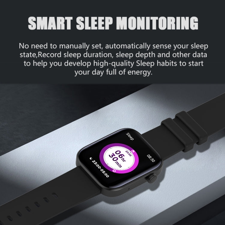 Black square smartwatch with black silicone strap, purple sleep monitoring screen