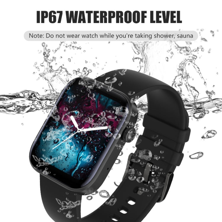 Black waterproof smartwatch with black band and sports screen, shown with water droplets
