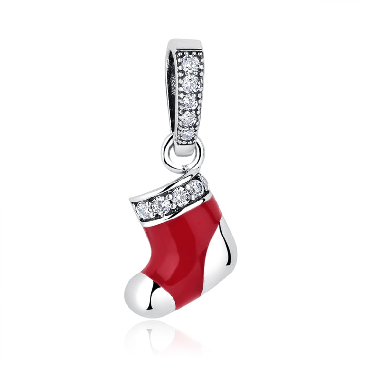 Red enamel Christmas stocking charm bead with clear crystal bands and silver loop