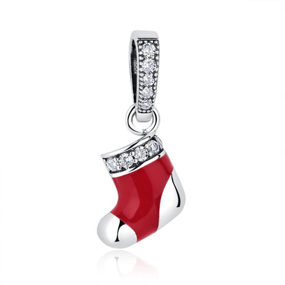 Red enamel Christmas stocking charm bead with clear crystal bands and silver loop