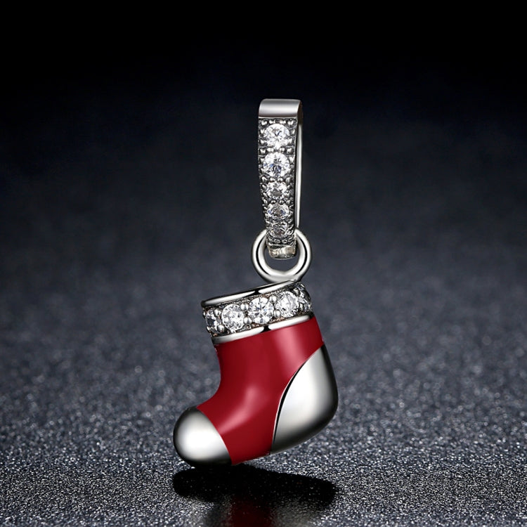 Red and silver stocking charm bead with crystal-studded band and hanging loop