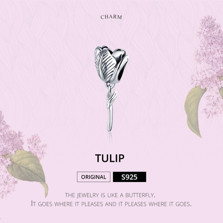 Sterling silver tulip charm bead with tulip ridges and hanging stem detail