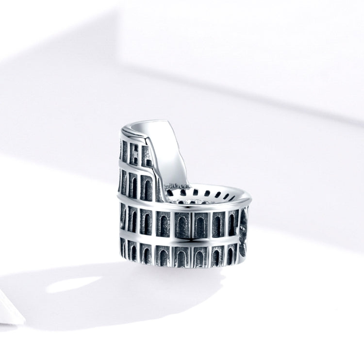 Sterling silver Colosseum charm bead with oxidized facade and open top cutouts