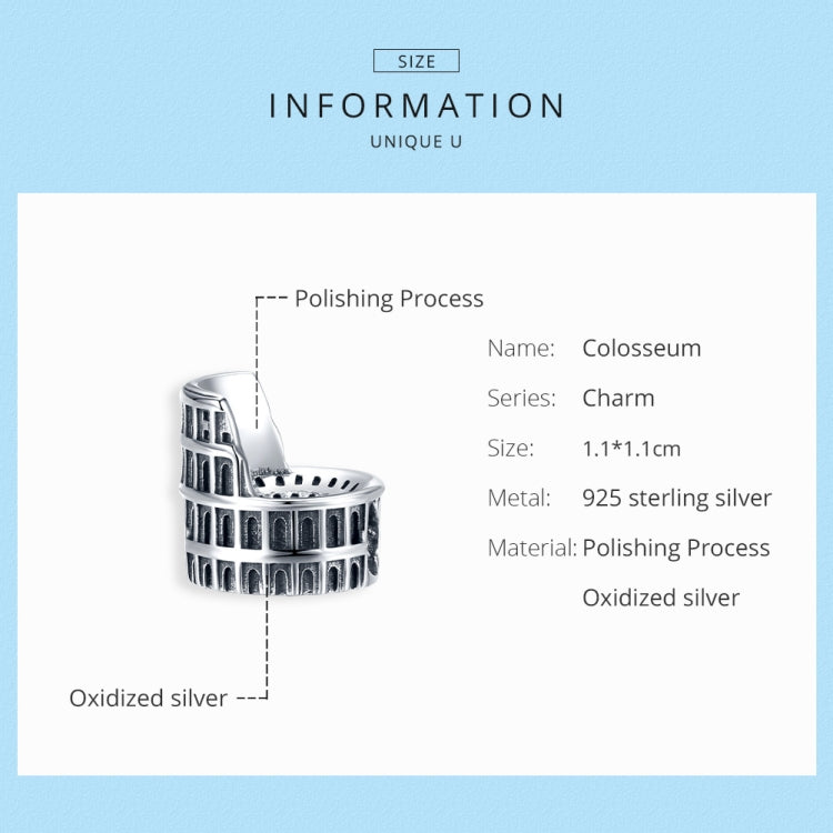 Sterling silver Colosseum charm bead with oxidized finish and arched building engravings