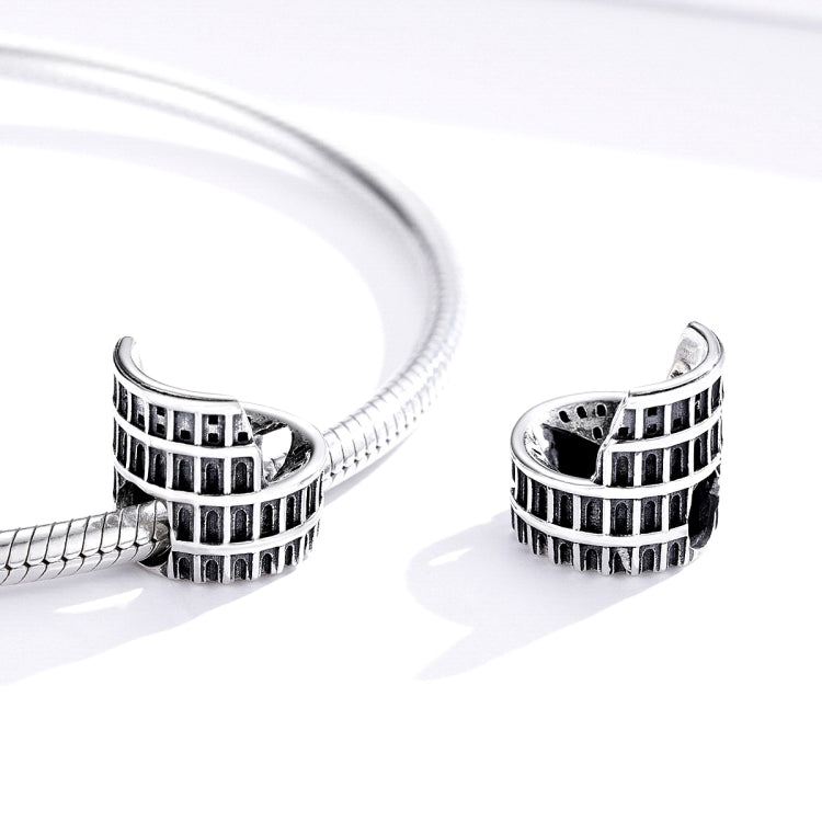 Pair of sterling silver Colosseum charm beads with oxidized facade and rounded ends