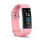 Pink fitness tracker smart bracelet shown from the side with heart-rate display
