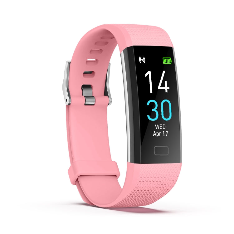 Pink fitness tracker smart bracelet shown from the side with heart-rate display
