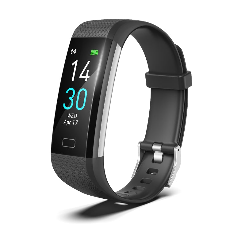 Black fitness tracker smart bracelet with black screen and turquoise numbers