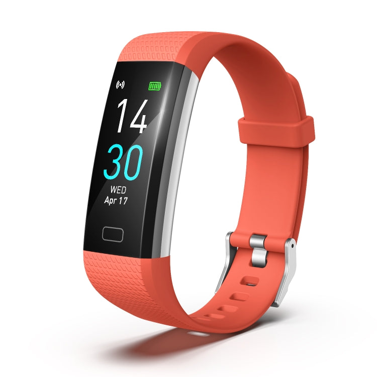 Orange fitness tracker smart bracelet with black screen showing time and date
