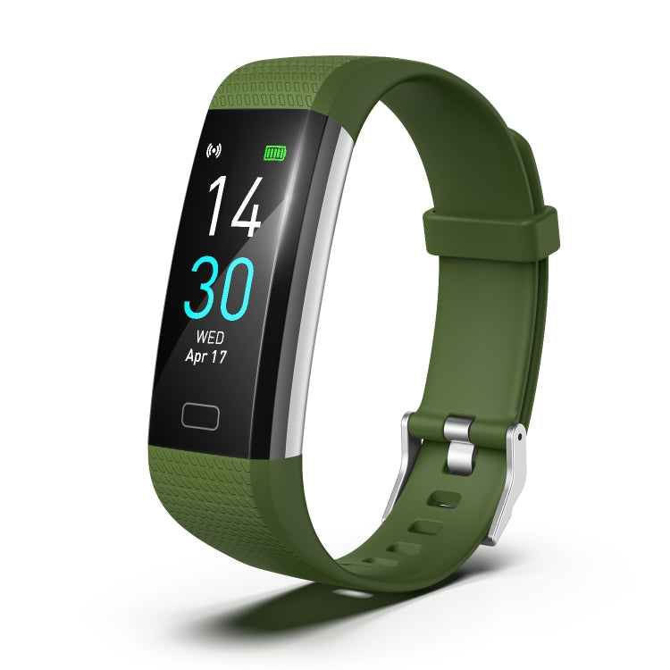 Green smart fitness tracker bracelet with display showing time, date, and activity