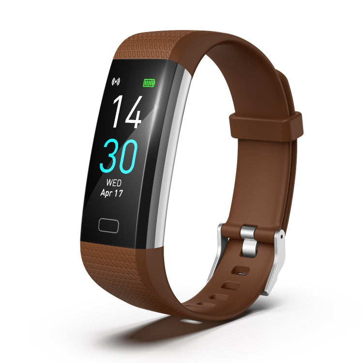 Brown smart fitness tracker bracelet with display showing time, date, and activity