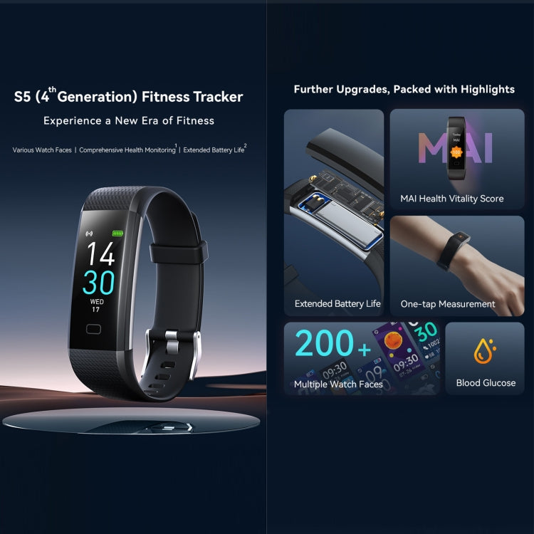 Black smart fitness tracker bracelet with screen displaying time and activity, plus band