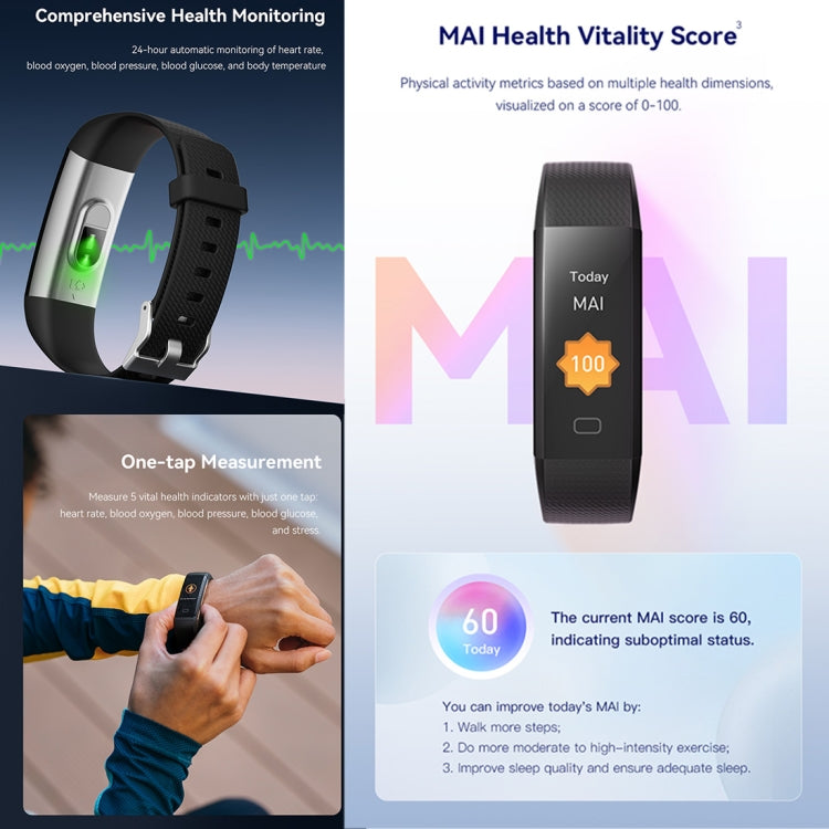 Black smart fitness tracker bracelet with display showing health score and on-wrist profile