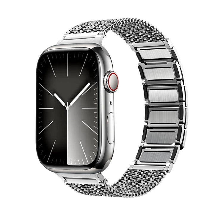 Braided stainless steel watch band with magnetic clasp, silver-toned, shown on watch