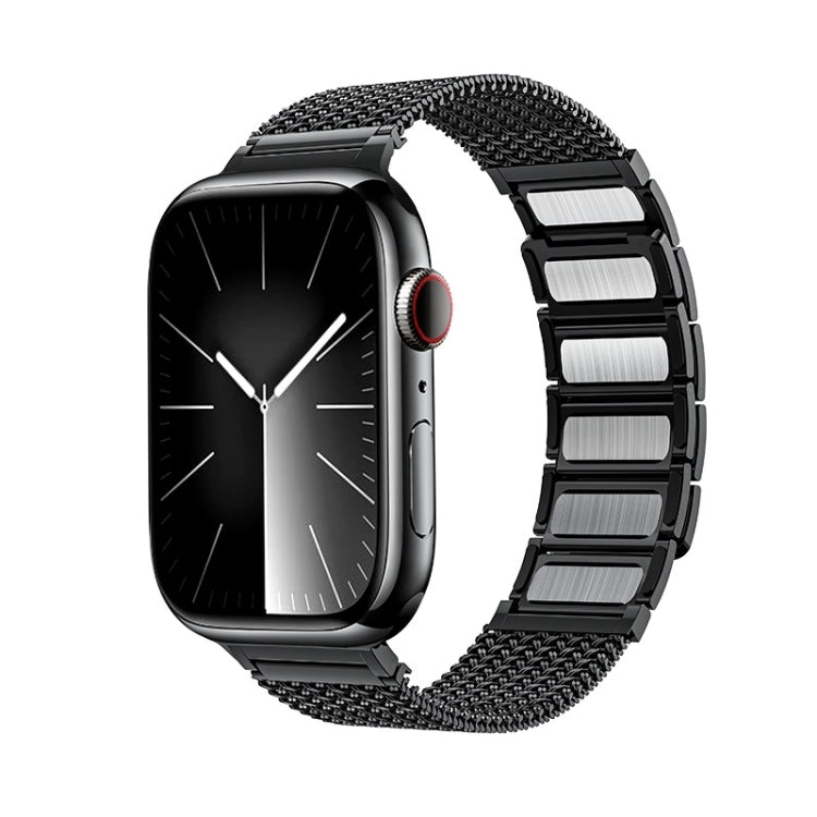 Braided stainless steel watch band with magnetic clasp, black-toned, angled view on watch