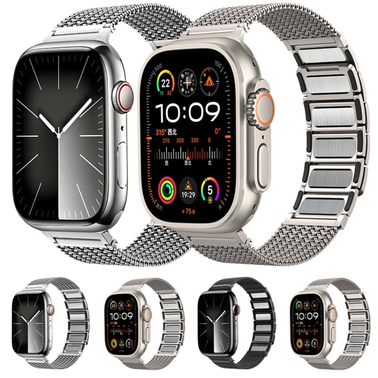 Braided metal watch band set showing silver and black styles, magnetic clasp