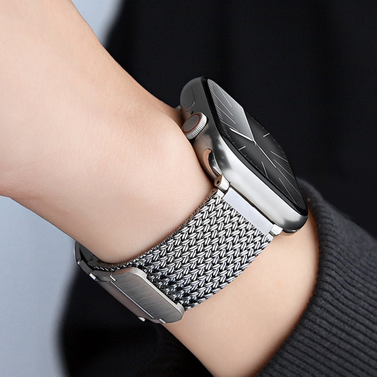 Braided metal watch band with magnetic clasp, silver-toned links for Apple Watch