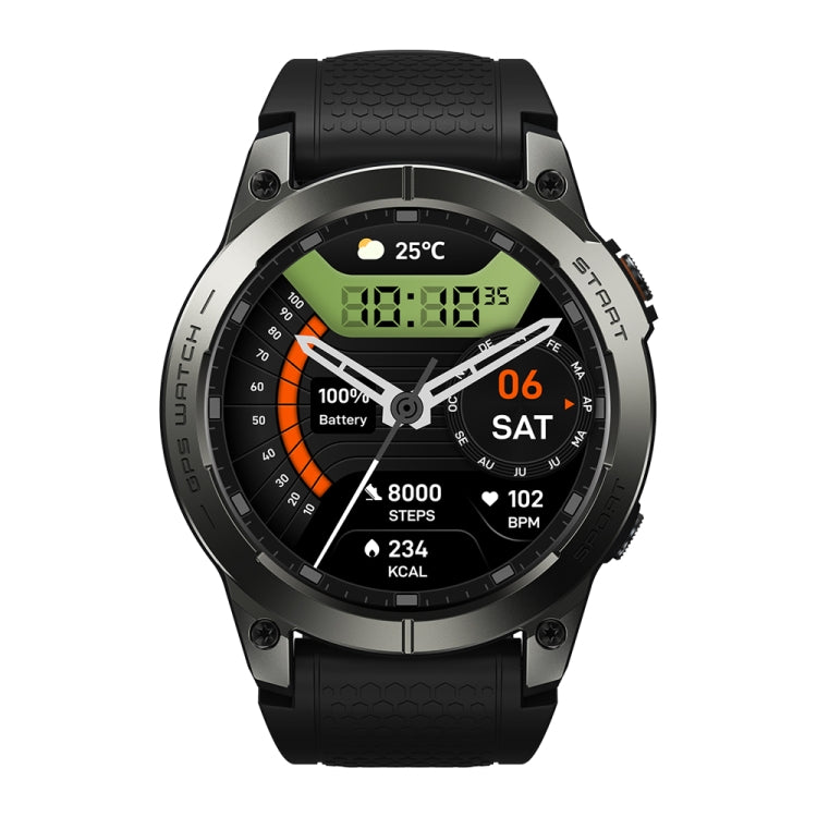Black sports smartwatch front view with battery, steps, and temperature on screen