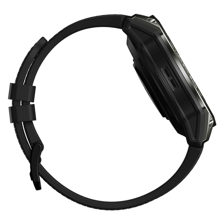 Black sports smartwatch with textured strap and side buttons
