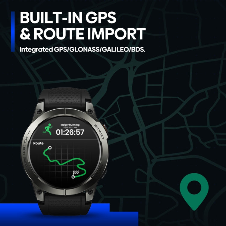 Black sports smartwatch showing route map on AMOLED display