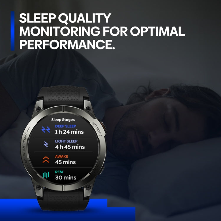 Round sports smartwatch showing sleep stages on screen, black strap and metal case